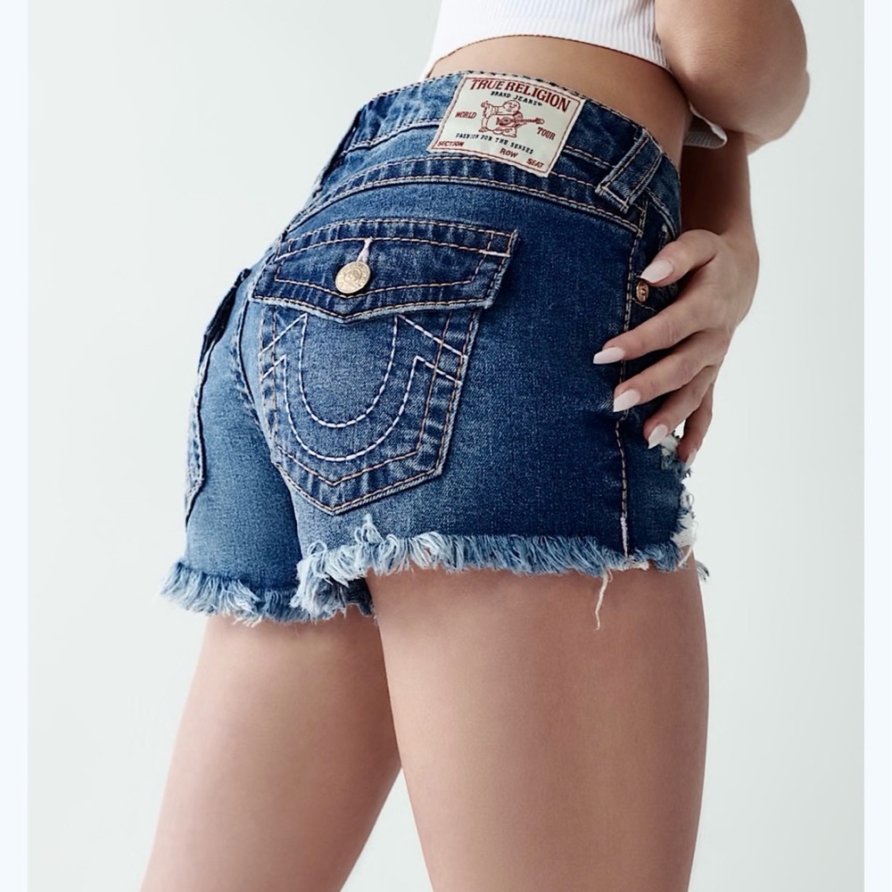 Vintage Y2K TRUE RELIGION Classic Dark Denim Blue Jean Shorts Horseshoe 27